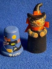 2 Vintage Thimbles Hand Painted, signed, Clay Halloween Cat and Wood Witch 2001