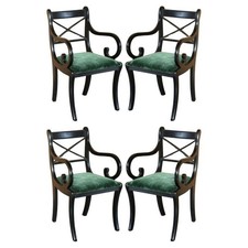 FOUR VINTAGE ENGLISH REGENCY EBONISED SABRE LEG GREEN VELVET DINING CHAIRS 4