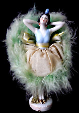 Art Deco German Porcelain Flapper Standing Pin Cushion Half Doll In Old Box