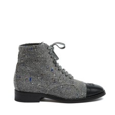 Chanel Ankle Boots Grey Black EU39 Grey Tweed Black Leather CC Boots UK6 US8.5