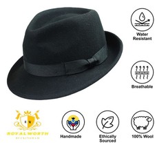 💎Mens Gangster Black Trilby Fedora Hat 100% Wool Felt Hat With Grosgrain Band