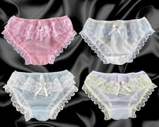 Frilly Lace Sissy Sheer Soft Nylon Satin Bow  Panties Knickers Briefs Size 10-20