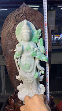 21'' China Natural Jadeite Emerald Jade Lotus Guanyin Kwan-yin Goddess Statue