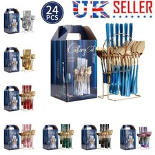 24PC CUTLERY DINNER SET STAINLESS STEEL METAL STAND RACK FORKS TEA SPOONS POLISH