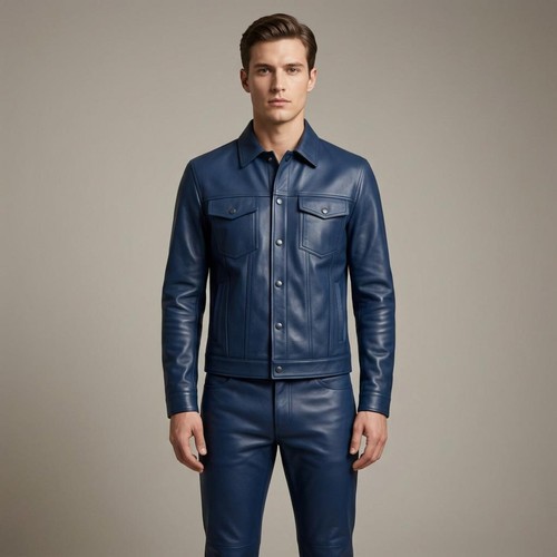 Men blue leather jacket - men’s,