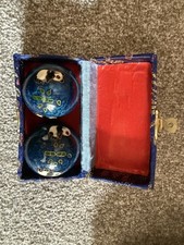 Vintage 2 Baoding Chinese Iron Chime Meditation Music Balls Blue w/ Panda & Box