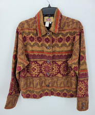 Barn Fly Jacket Womens Large Maroon Tan Tapestry Art to Wear Western Blazer