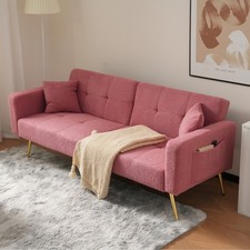 Fabric Sofa Bed Love Seat Sofa Settee Couch with Gold Metal Legs & Cushions Pink