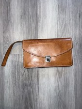 Brown Leather Clutch Bag With Wrist Strap And Metal Closure Women