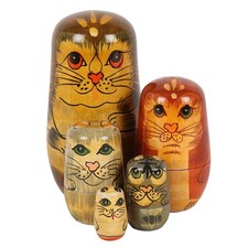 Set of 5 Cat Russian Dolls Hand Painted Vintage Wooden Decorative Treasures