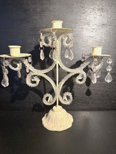 Cream Metal 3 Arm Candelabra with Crystals Candle Holder - Shabby Chic Style