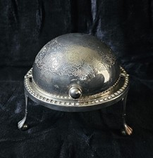Vintage Footed 'Silver Plate' Domed Roll Top Butter Dish With Glass Insert 