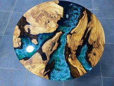 Blue Ocean Wave Round Epoxy Resin Coffee Table Handmade Wooden Coffee/ Dinning