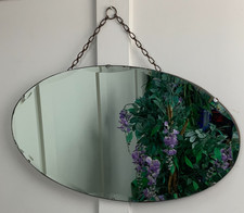 VINTAGE ANTIQUE 1930S ART DECO OVAL FRAMELESS SCALLOP BEVEL MIRROR 26" x  14"