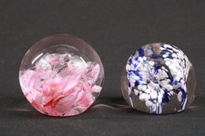 2 x  Glass Paperweights 1 Marked LANGHAM Blue Pink 5055mm diameter