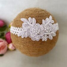 Baptism Headband in PURE WHITE Christening Headband with Flower Lace And Pearls