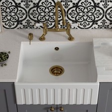 LSC Fluted Butler 595 1.0 Bowl White Ceramic Sink with Gold Waste & Overflow