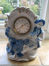 VTG Coral Period Style Clock White + Blue Ceramic Made in Japan Wind Up Working