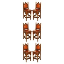 SIX FINE RESTORED BROWN LEATHER GOTHIC REVIVAL STEEPLE BACK KITCHEN BAR STOOLS 6