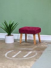 Vintage Red Velvet Wood Small Footstool Foot Rest Mid Century 