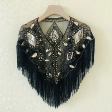 Lady Mesh Sequin Tassel Cape Blouse Wrap Shawl Lace Glitter Bolero Shrug Top