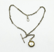 Victorian Sterling Silver Trombone Albert Watch Chain, Compass Antique 1894