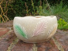 Vintage MCM Sylvac 2401  Vase Planter Oatmeal Beight Yellow Green Pink Feather