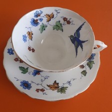 Vintage Retro 1930-40s Tuscan Bone China Floral Flying Bird Print Teacup Saucer