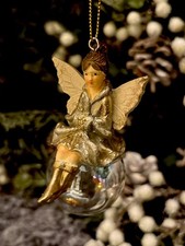 Gisela Graham Dainty Gold Fairy Sitting On Glass Christmas Bauble