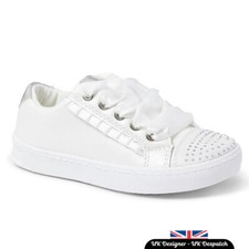 Girls Communion Shoes Pumps Trainers Wedding Satin Ribbon Lace Up White Diamante