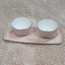 Royal Tara Fine Bone China Pink Floral Design Gold Trim Tray & Two Bowls Trinket