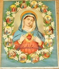 Sacred Heart of Mary Antique Catholic Holy Picture Oil Print Panels Jesus 16inch