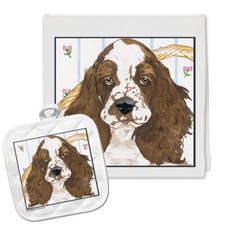 English Springer Spaniel Pup Kitchen Dish Towel and Pot Holder Gift Set