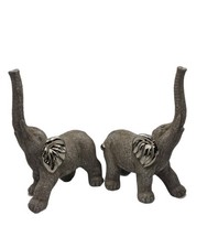 Pair Silver Grey Elephant Ornaments Chrome Ears Tails Trunk Up 17cm Home Decor