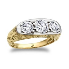 Mens 9ct 2-Colour Gold Jewelco London CZ 3 Stone Trilogy Carved Gypsy Ring