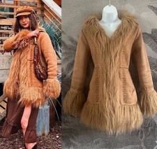 Retro Afghan Coat Embroidered Tan Suede Fur Sheepskin Penny Lane Boho Jacket M