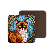 Cute Burmese Cat Kitten Stained Glass Square Coaster Tea Coffee Present Gift