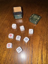 9 Piece Set Vintage Poker Dice In Green Italian Leather Gold Embossed Case EUC