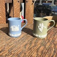 VTG Wedgwood Jasperware Blue Green Mini Tankard Mug Pair England Rare Porcelain