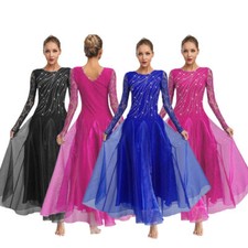 Women's Ballroom Dance Dress Floral Lace Long Sleeve Flared Dresses Waltz Tango 