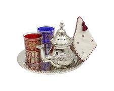 Moroccan Mint Tea Set Small: Silver Tray, Teapot, 2 Tea Glasses, Teapot Holder
