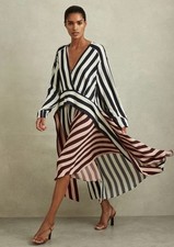 REISS Nola Colourblock Stripe Asymmetric Midi Dress in Navy/Off White