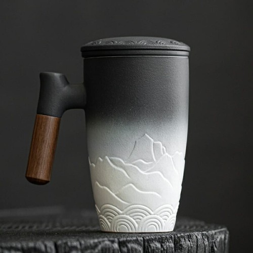 Ceramic tea mug - with, wooden