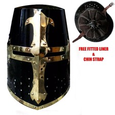 Medieval Knight Armor Crusader Templar Helmet Black Mason Brass Cross with Liner