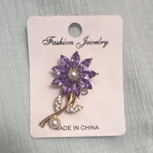 Purple crystal flower brooch - purple,