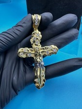 1.30Ct Round Cut Real Moissanite Jesus Cross Pendant 14K Yellow Gold Plated