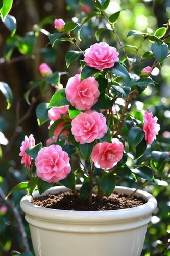 Pink camellia evergreen shrub - pink,