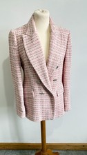 Zara Double Breasted Textured Pink Blazer Size M Tweed Jacket Silver Button