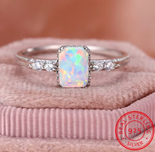 Real 925 Sterling Silver Ring + Box White Fire Opal Square Zircon Accents Dainty