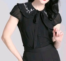 Hell Bunny Ivie Womens S Black Button Down Blouse Embroidered Flowers Gothcore